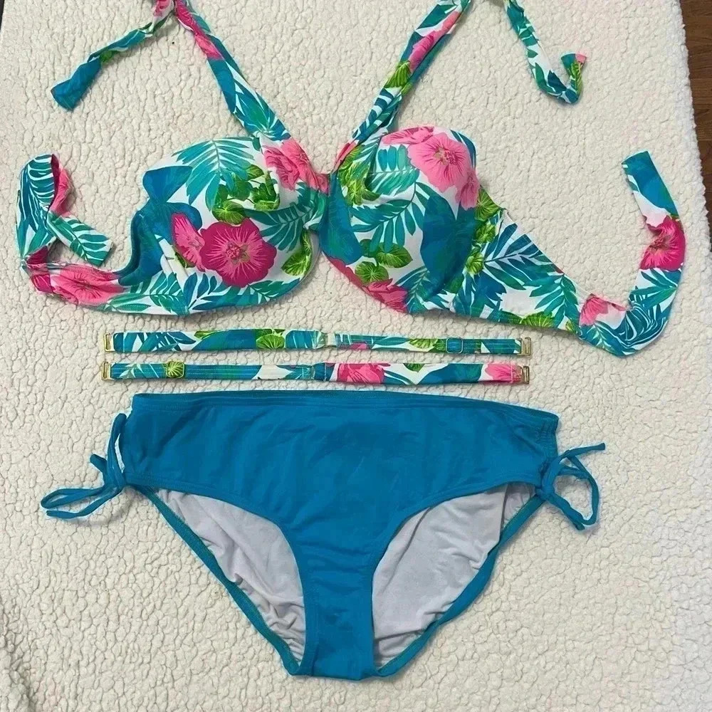 Coco Reef Tropical 5-way bikini top with matching side draw string bottoms